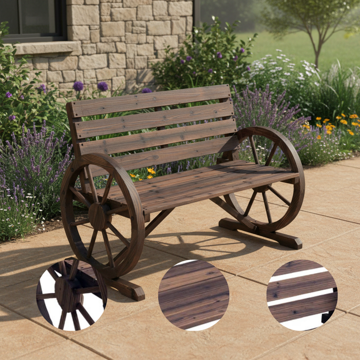 Rustic Outdoor Wooden Wagon Wheel Bench – 2-Person Patio Seating with Backrest | Trufairs