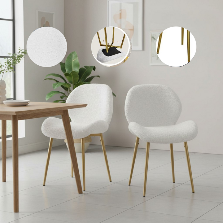 Modern Minimalist White Teddy Velvet Dining Chairs Set of 2 with Gold Metal Legs | Trufairs