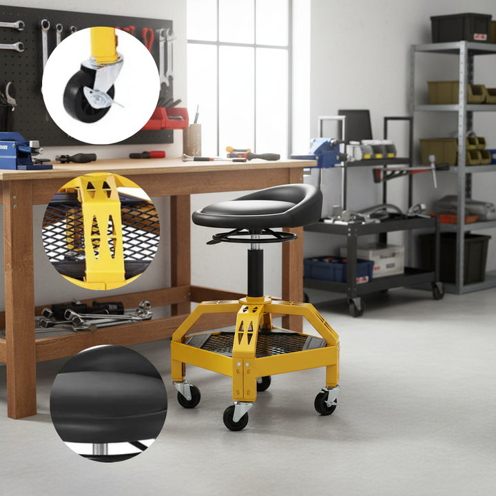 300 lbs Rolling Garage Stool – Adjustable 24"–28.7" Height Mechanic Seat with 360° Casters & Tool Tray | Trufairs
