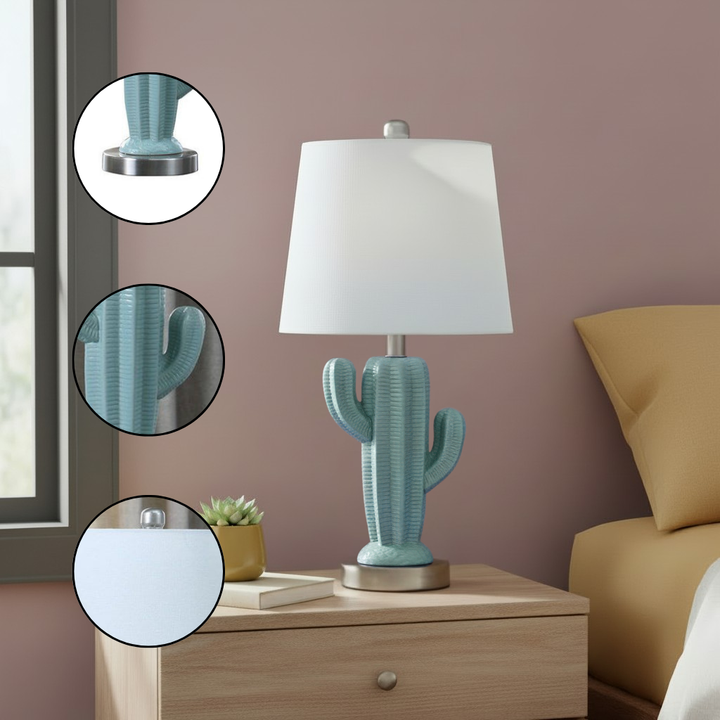 22" In Southwest Teal Ceramic Cactus Plant Modern Metal Table Lamp