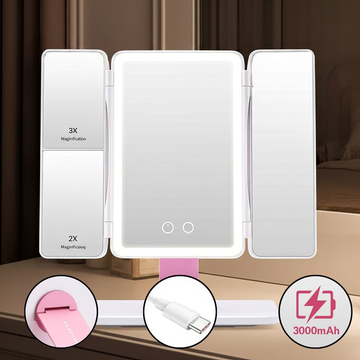 Rechargeable Tri-Fold LED Makeup Mirror with 1X/2X/3X Magnification & 60 LED Lights | Trufairs