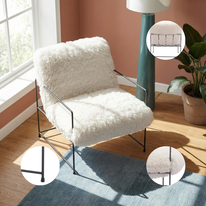 Plush Accent Chair – White Faux Fur Upholstery & Black Steel Legs | Living Room Furniture | Trufairs