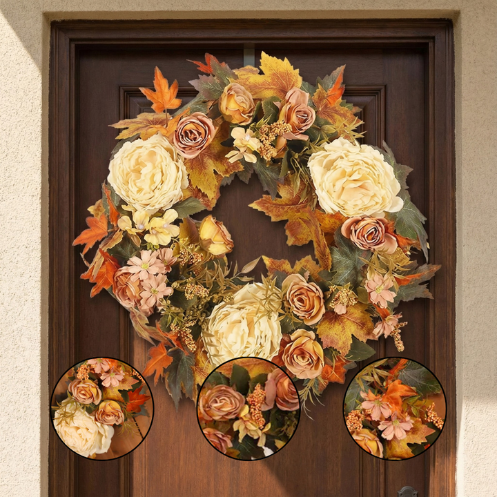 Thanksgiving Peony Maple Leaf Wreath – 16" Decorative Fall Hanging Wreath with Warm White Lights | Trufairs