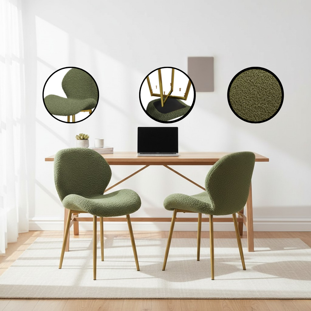 Modern Minimalist White Teddy Velvet Dining Chairs Set of 2 with Gold Metal Legs | Trufairs