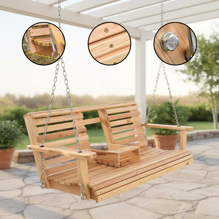 Outsunny 3-Seater Wooden Porch Swing Bench with Folding Table & Cup Holders — Natural | Trufairs