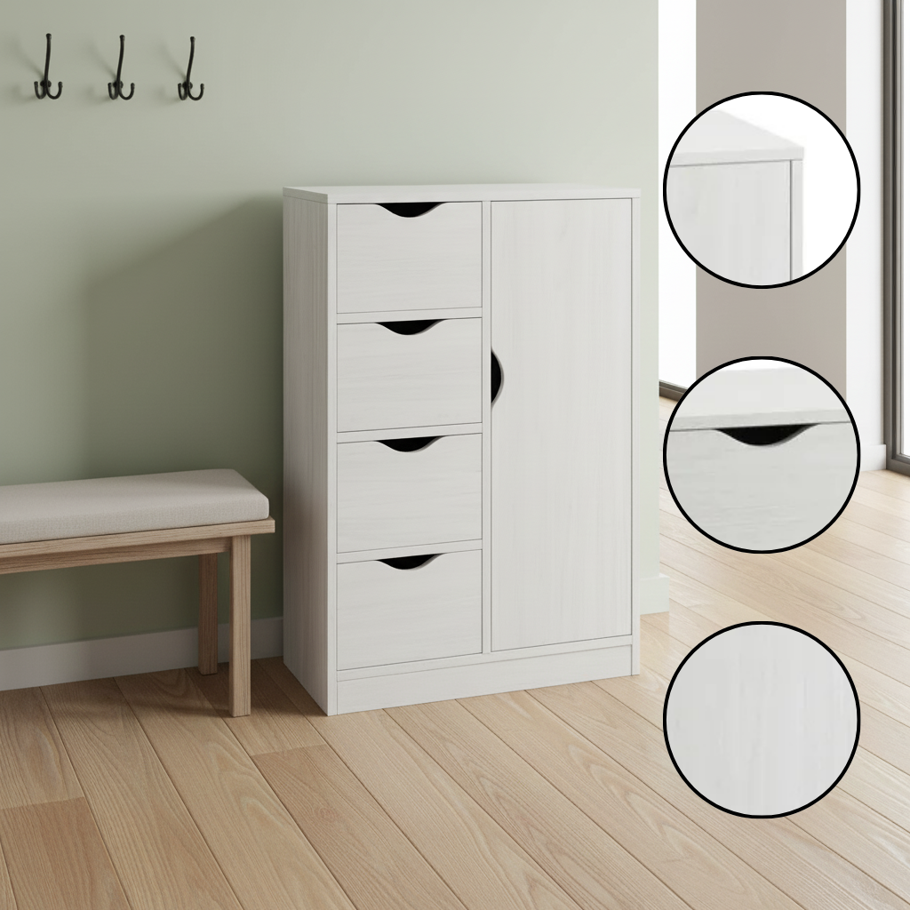 Stylish White Slim Storage Cabinet with 4 Drawers – Modern Freestanding Organizer for Bedroom, Living Room & Entryway | Trufairs