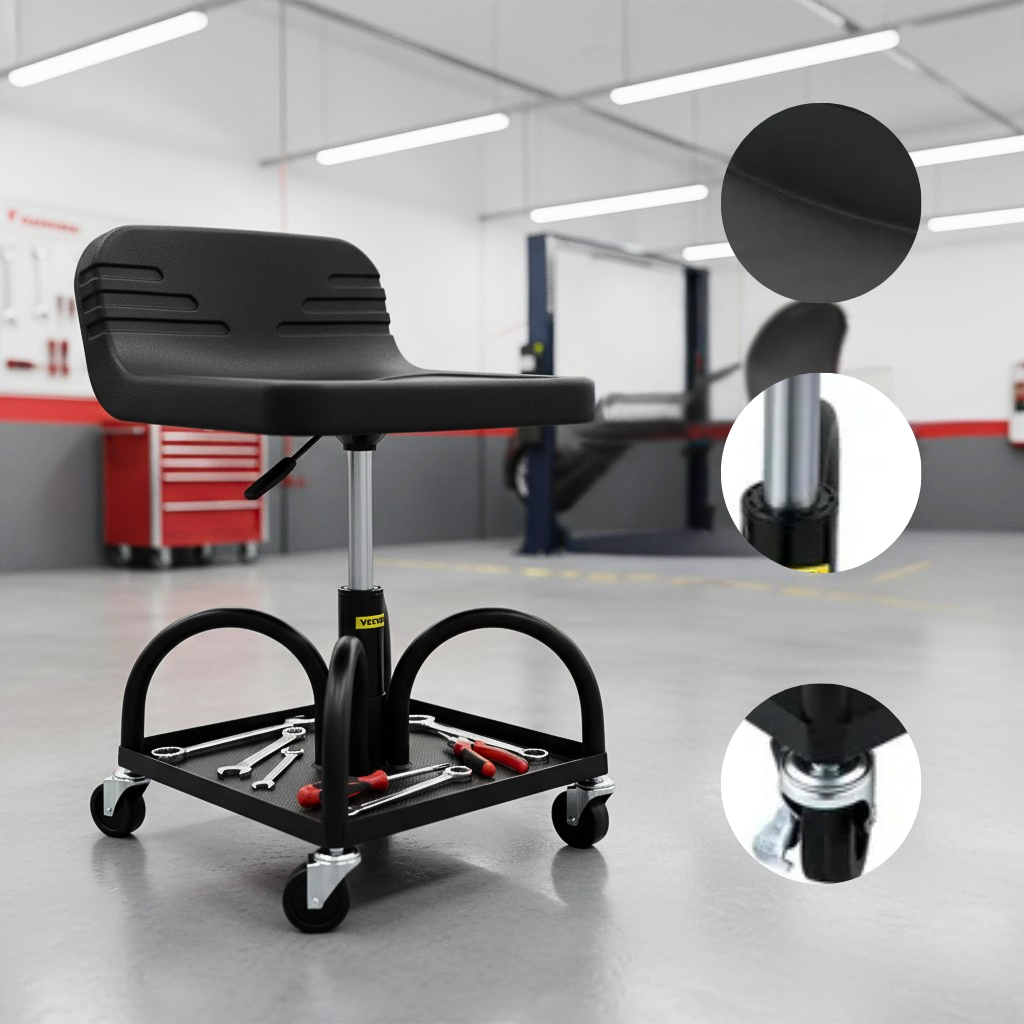VEVOR Rolling Garage Stool – Adjustable Height 15.7" to 20.5" | 300 lbs Capacity Mechanic Seat with Tool Tray & 360° Casters | Trufairs
