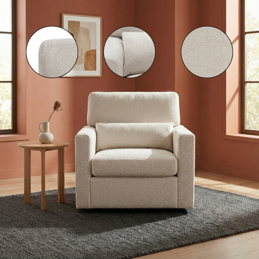 Modern Swivel Accent Chair – Plush Beige Boucle Upholstery & Solid Wood Base | Ergonomic Living Room Furniture | Trufairs