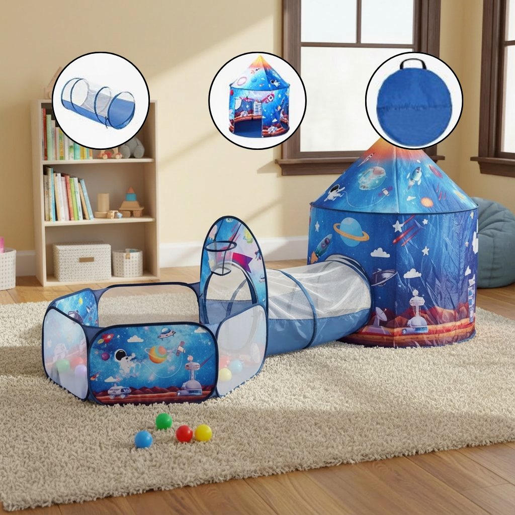 3-in-1 Kids Indoor/Outdoor Pop Up Playhouse with Tunnel – Royal Blue Rocket Theme | Trufairs