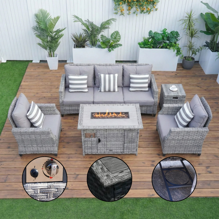 Contemporary Wicker Fire Pit Sectional – 5-Piece Patio Seating Set | Gray Cushions | Trufairs