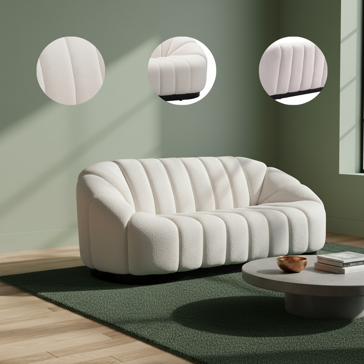Bhutan Sofa Cream – Plush Boucle Polyester & Solid Wood Frame | Glam Modern Deco Seating | Trufairs