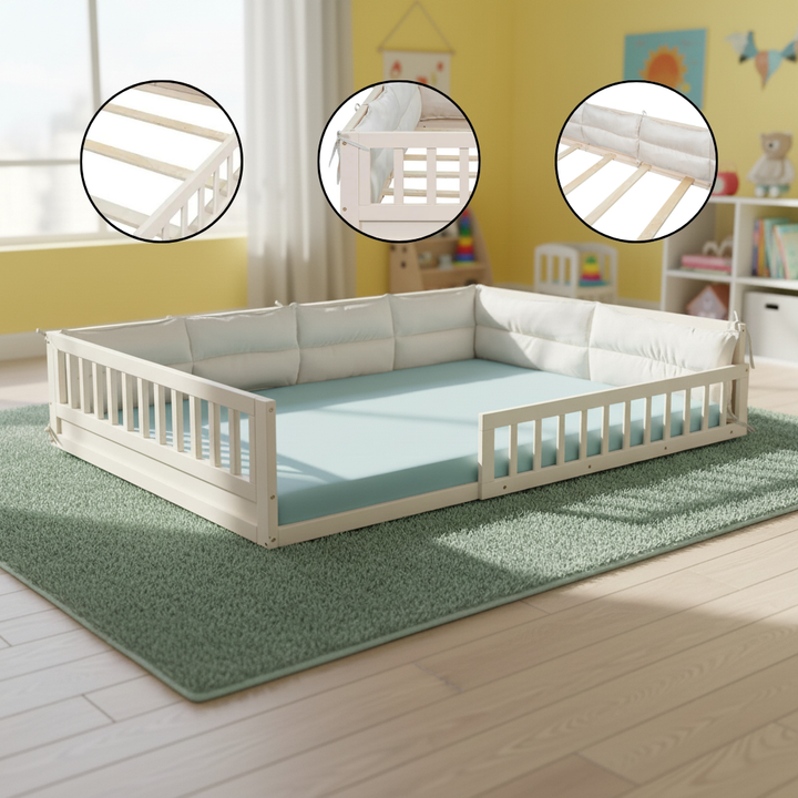 Full Size Upholstered Platform Bed with Guardrail and Pillow – Beige | Trufairs