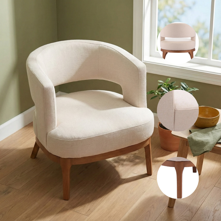 Beige Upholstered Accent Chair – Polyester Fabric & Ash Wood Frame | Living Room & Dining | Trufairs
