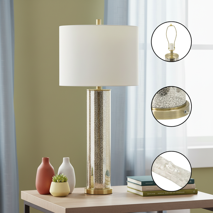 16x16x35" Gold Mirrored Glass Table Lamp with White Fabric Shade