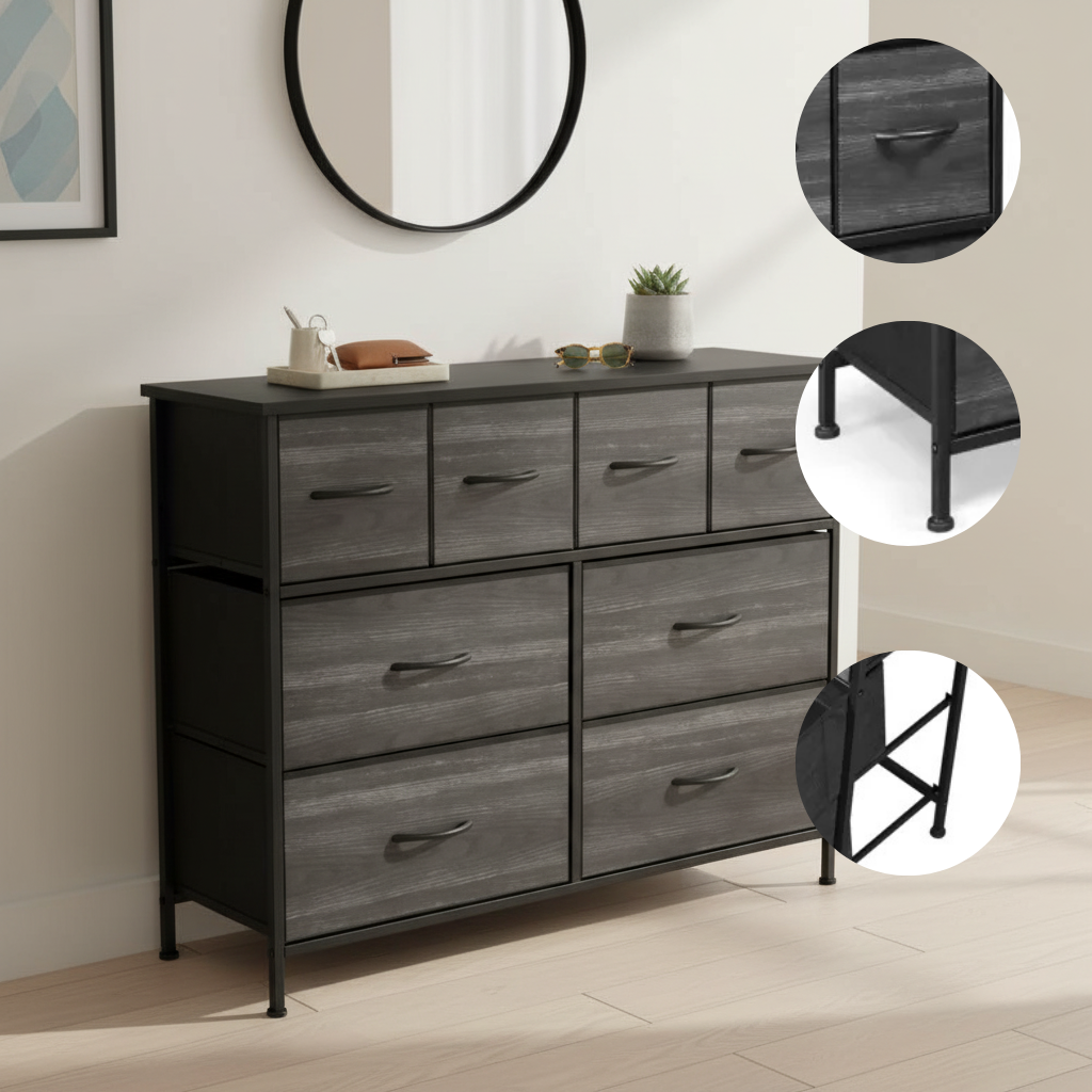 Modern 8-Drawer Black Wood Grain Non-Woven Storage Cabinet – Space-Saving Home Organizer | Trufairs