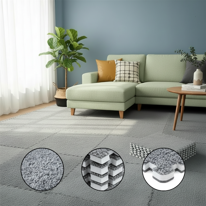 Soft Interlocking Shaggy Carpet Mats - Protective Floor Tiles for Kids' Play & Exercise; Home Parlor; Bedroom - Fluffy Area Rugs by Smabee