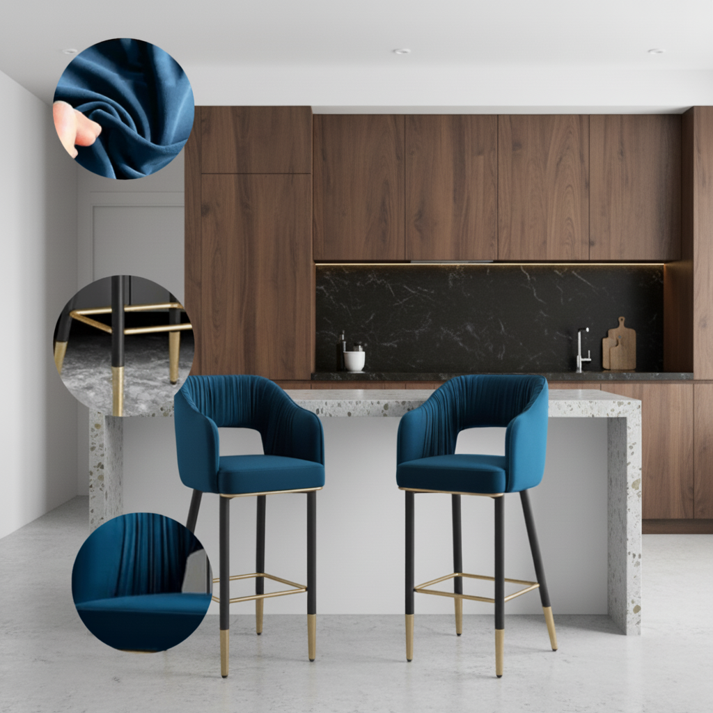 Plush Blue Velvet Bar Stools Set of 2 – Modern Upholstered Counter & Kitchen Island Seating | Trufairs