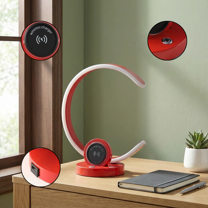 13.25" In Modern C Shape Led W/ Usb/Wireless Charger Port And Touch Dimmer Bright Red Table Lamp