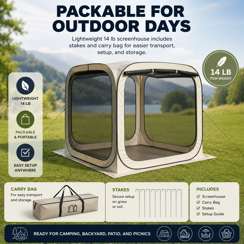 Portable screen tent folding into carry bag for camping, beach and picnics
