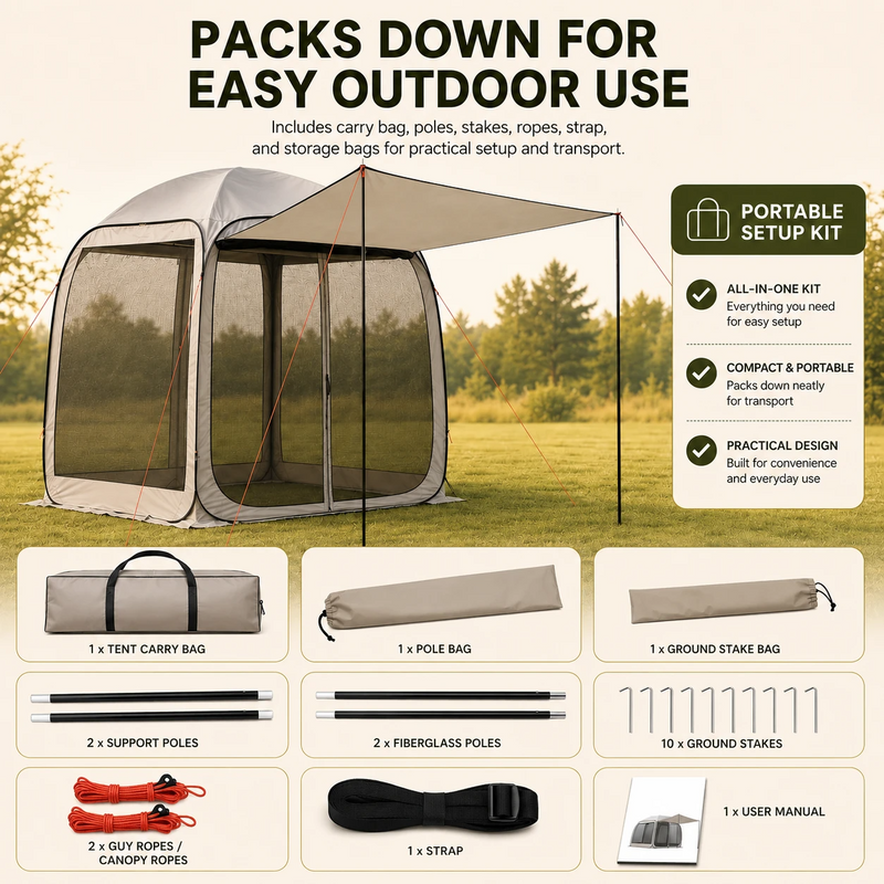 Portable screen tent folding into carry bag for camping, beach and picnics