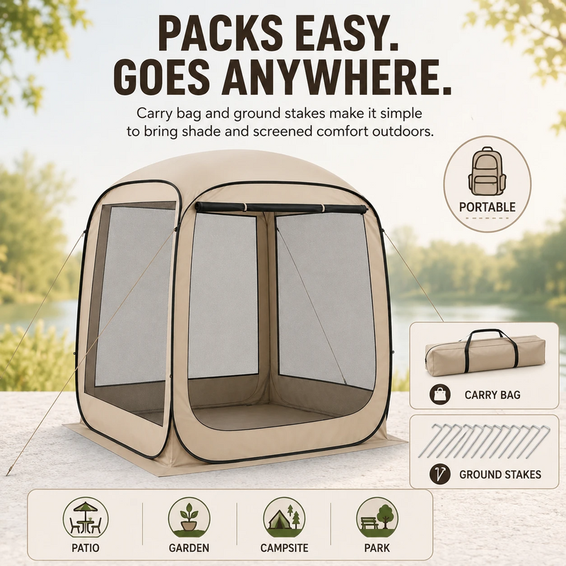 Portable screen tent folding into carry bag for camping, beach and picnics