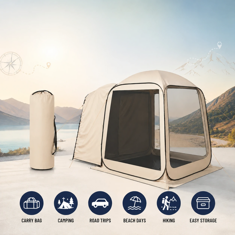 Portable screen tent folding into carry bag for camping, beach and picnics