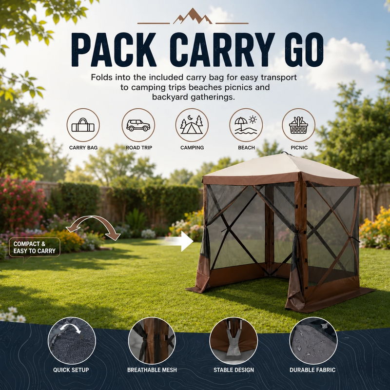 Portable screen tent folding into carry bag for camping, beach and picnics