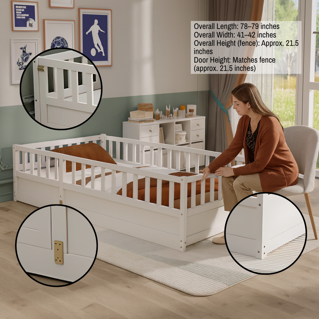 Twin Size Montessori Floor Bed with High-Security Barrier Door – Enclosed Wooden Toddler Bed Frame | Child Safety Sleep Solution | Trufairs