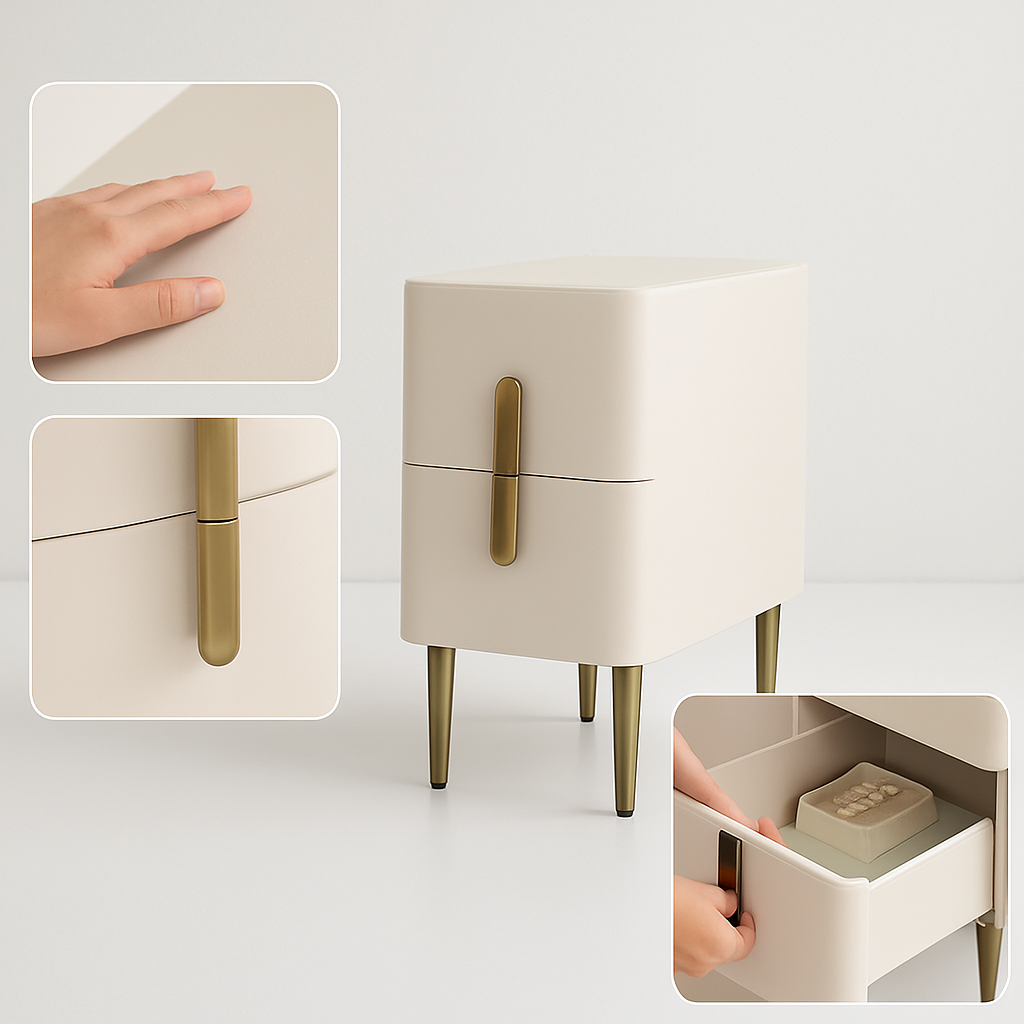 Premium Beige Nightstand – Dual Drawer Storage & Gold Accents | Bedside Table | Trufairs