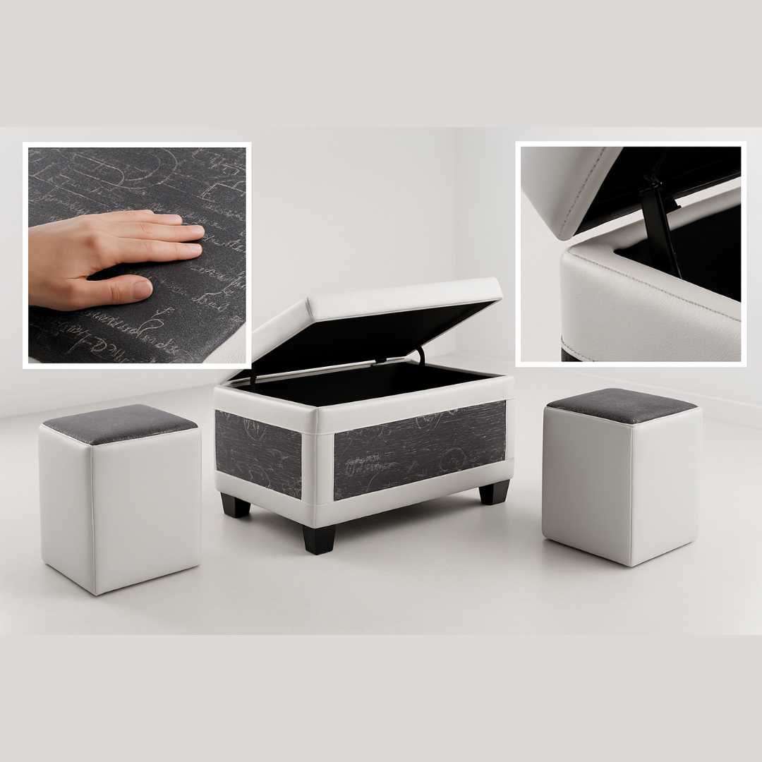 Vintage Bonded Leather Storage Ottoman – 2-in-1 Hidden Seating Organizer | Blue & White Accent | Trufairs