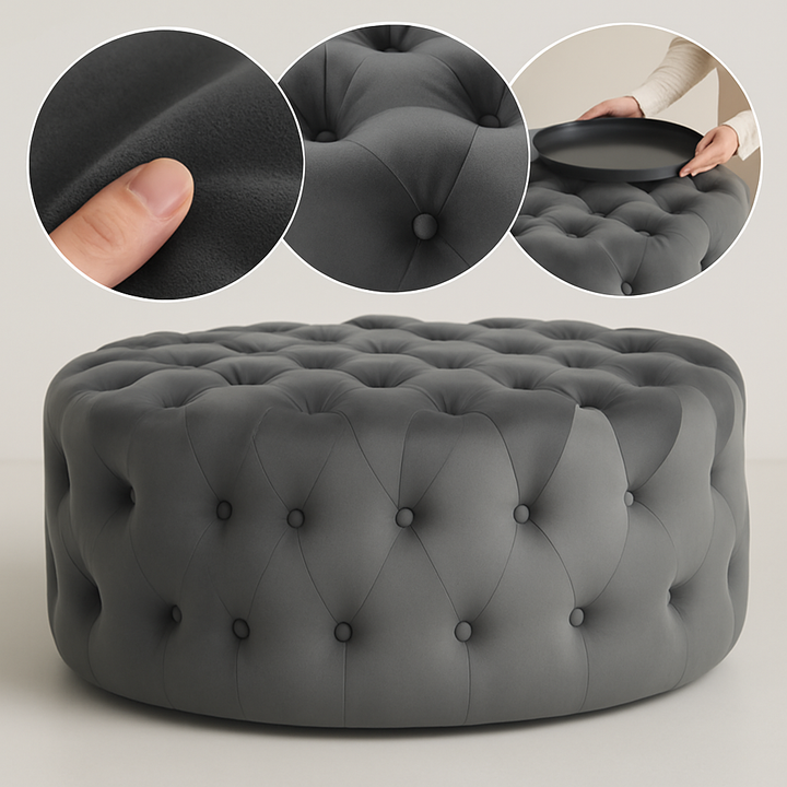 Velvet-Feel Tufted Coffee Table Ottoman – Plush Multi-Use Accent | Round Dark Gray Ottoman | Trufairs