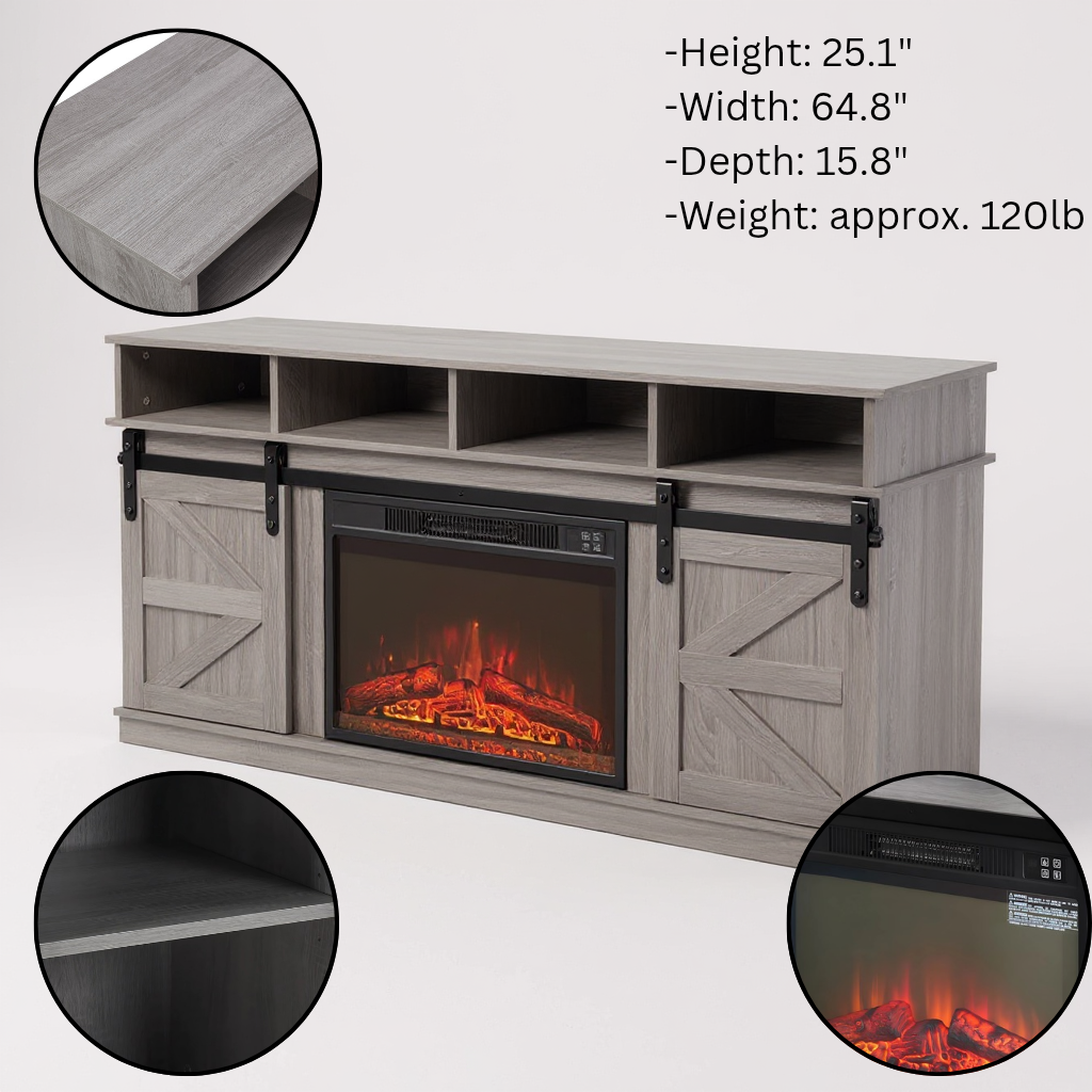 Farmhouse Grey Fireplace TV Console – Rustic Storage & Cozy Ambiance | Entertainment Furniture | Trufairs