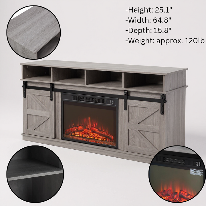 Farmhouse Grey Fireplace TV Console – Rustic Storage & Cozy Ambiance | Entertainment Furniture | Trufairs