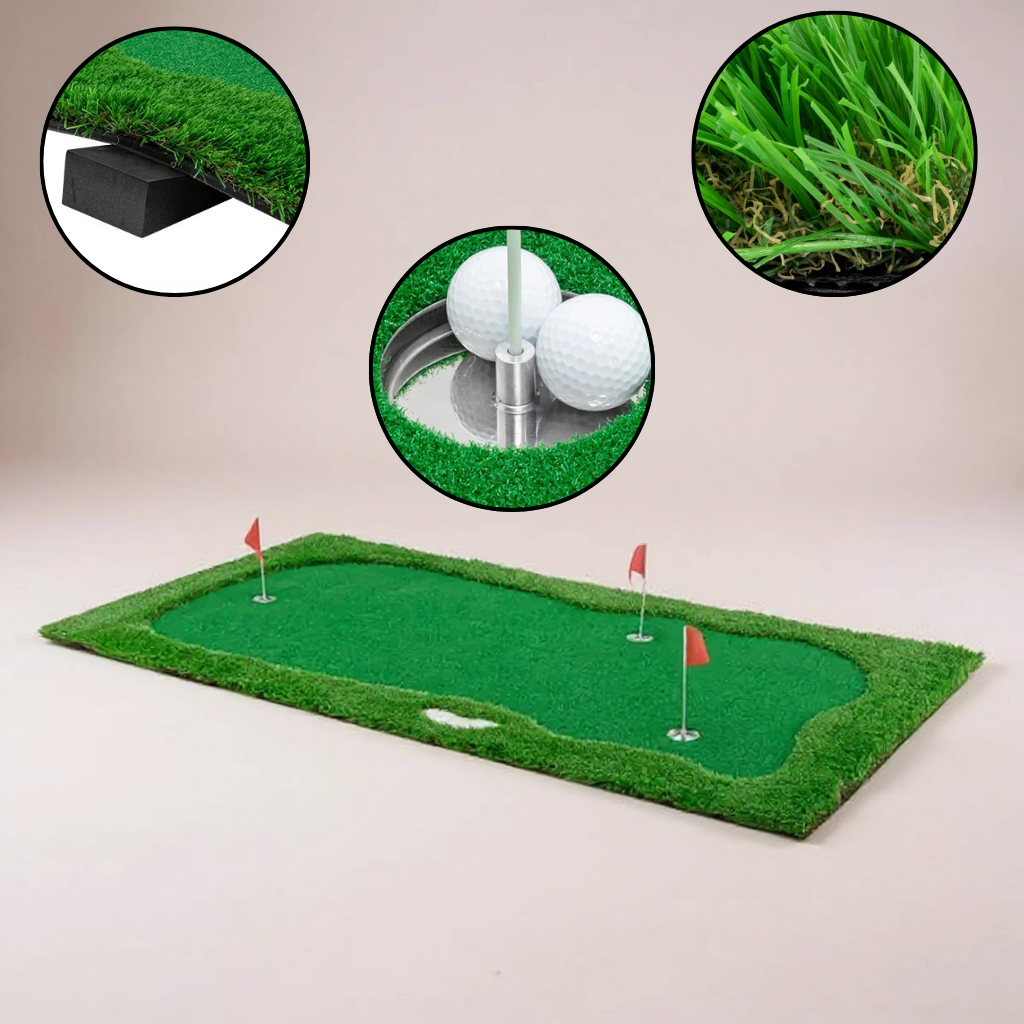 Professional Golf Putting Green – 10x5 ft Turf with 3 Holes, Flags & Cups | Indoor & Outdoor Training Mat | Trufairs