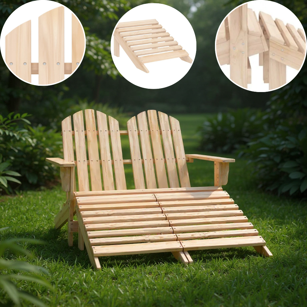 2-Seater Patio Adirondack Chair with Ottoman – Solid Fir Wood | Double Outdoor Lounger Set | Trufairs