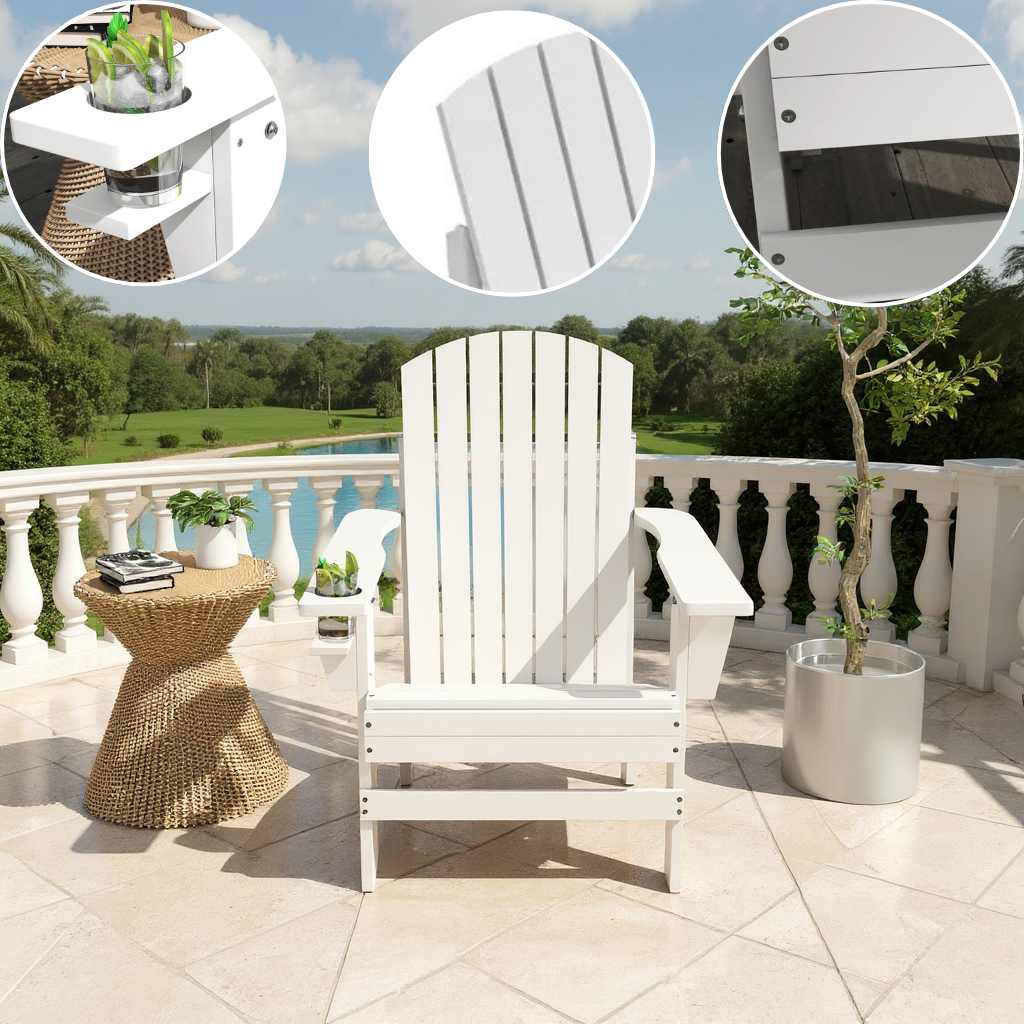 Coastal Comfort Adirondack – White Wood Lounge w/ Cupholder | Patio Chair | Trufairs