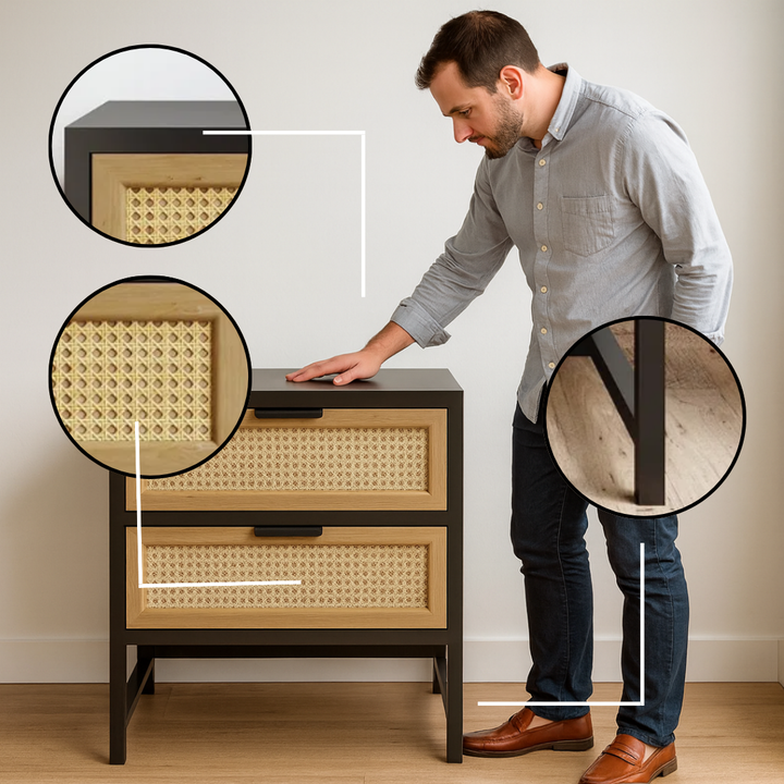 Modern Wood & Rattan Nightstand with 2 Drawers – Sleek Storage Table for Bedroom | Scandinavian Boho Decor | Trufairs