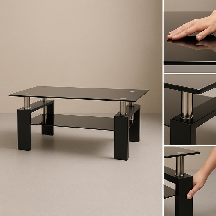 CrystalEdge Black Glass Coffee Table – Rectangular Modern Living Room Centerpiece | Trufairs