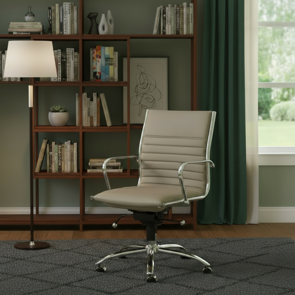 Taupe and Silver Adjustable Swivel Faux Leather Rolling Conference Office Chair