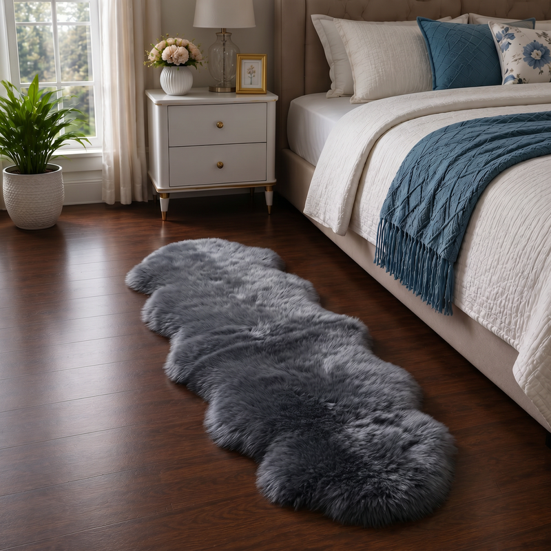 Real sheepskin rug in tan placed beside a bed on dark hardwood floor in a bedroom setting