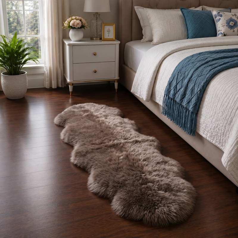 Real sheepskin rug in tan placed beside a bed on dark hardwood floor in a bedroom setting