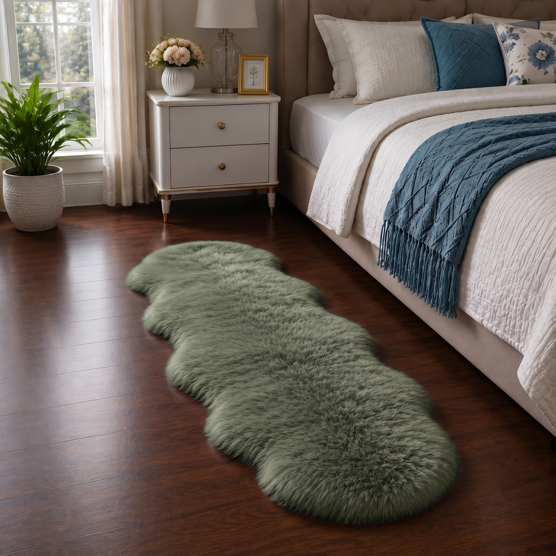 Real sheepskin rug in tan placed beside a bed on dark hardwood floor in a bedroom setting