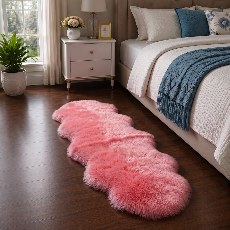 Real sheepskin rug in tan placed beside a bed on dark hardwood floor in a bedroom setting