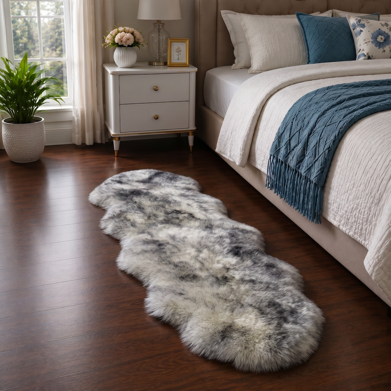 Real sheepskin rug in tan placed beside a bed on dark hardwood floor in a bedroom setting