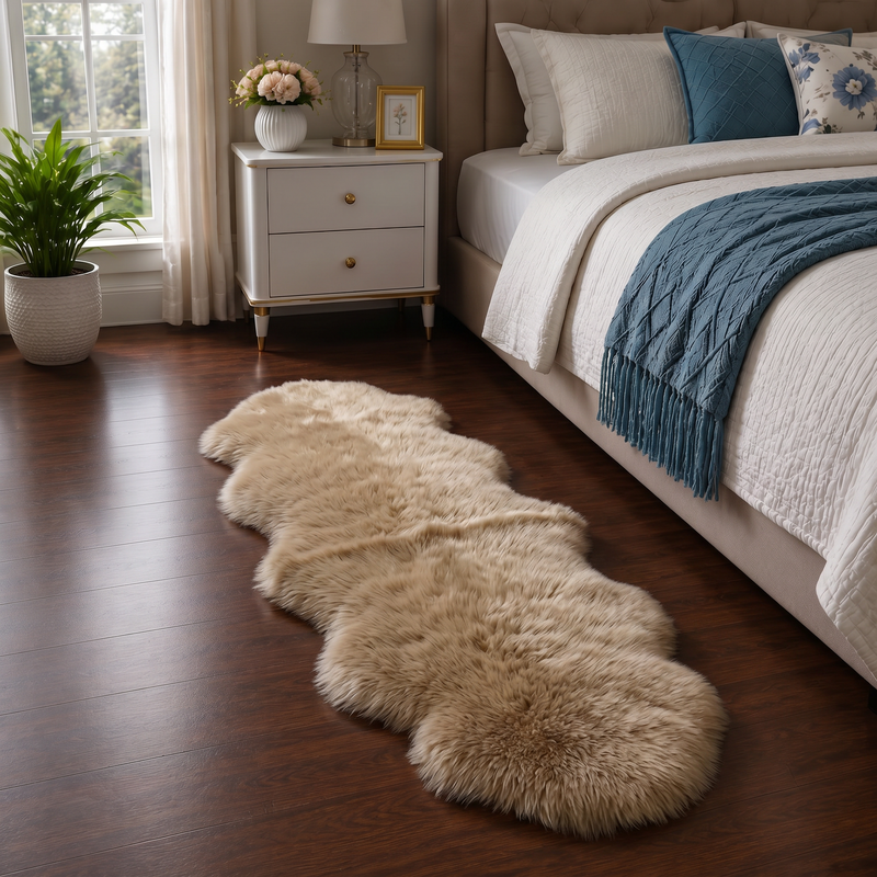 Real sheepskin rug in tan placed beside a bed on dark hardwood floor in a bedroom setting