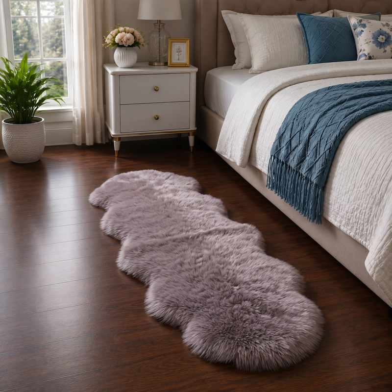 Real sheepskin rug in tan placed beside a bed on dark hardwood floor in a bedroom setting