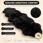 Real sheepskin rug features infographic showing natural wool texture, plush comfort, and all-season properties