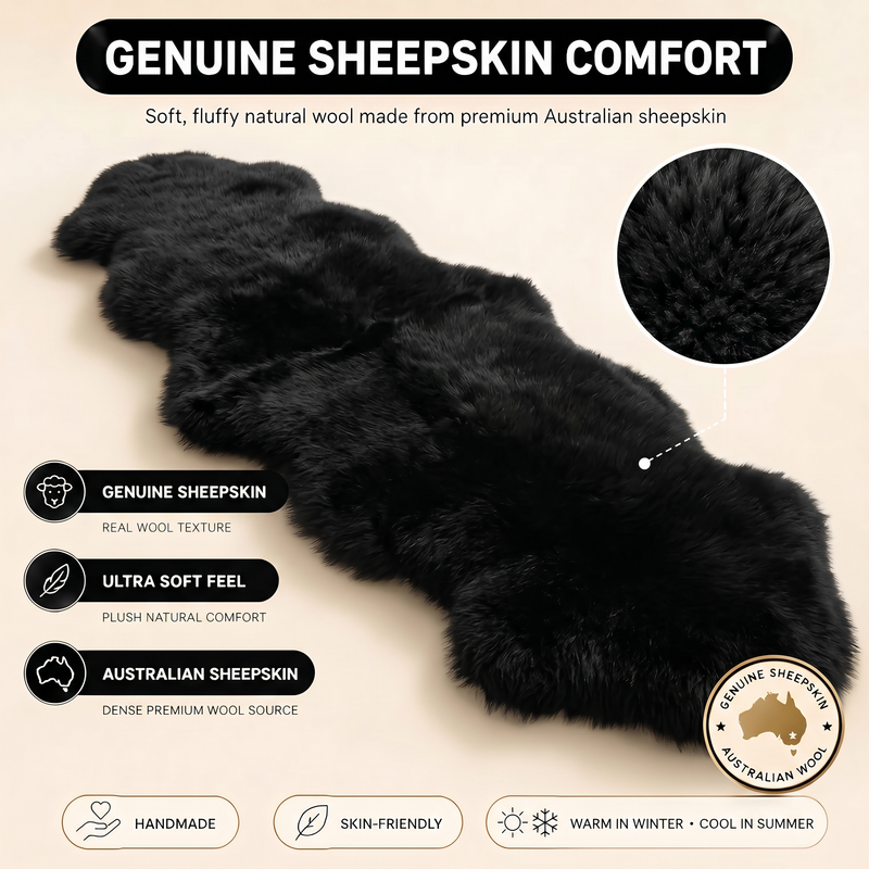 Real sheepskin rug features infographic showing natural wool texture, plush comfort, and all-season properties