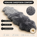 Real sheepskin rug features infographic showing natural wool texture, plush comfort, and all-season properties