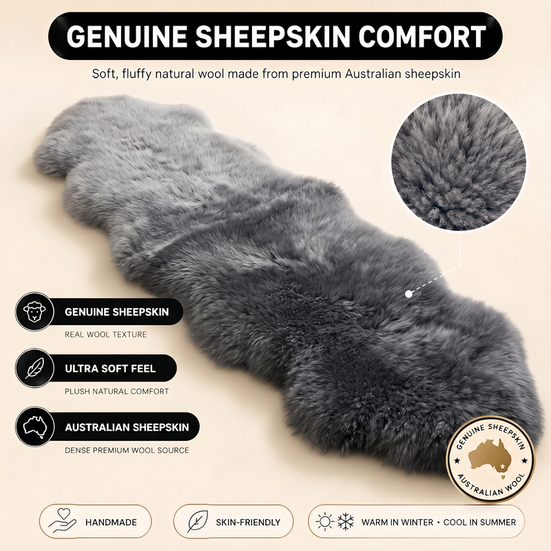 Real sheepskin rug features infographic showing natural wool texture, plush comfort, and all-season properties